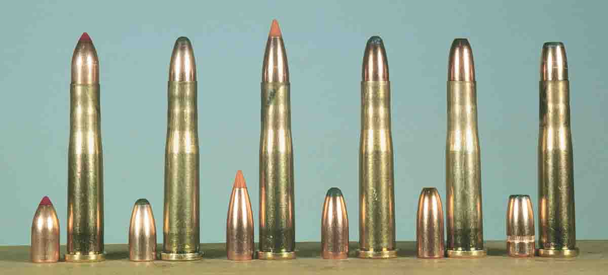 Handloads include the (left to right) Hornady 35-grain V-MAX, Sierra 40-grain, Nosler 40-grain Ballistic Tip and 45-grain Solid Base, Winchester 46-grain hollowpoint and Speer 46-grain flatnose.